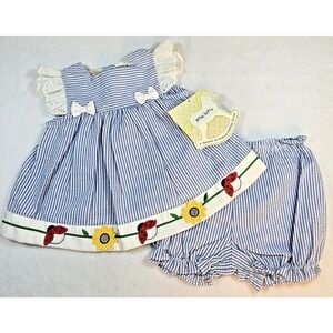 Vtg Y2K 3-6 M Gingham Embroidered Baby Girl Outfit Dress Sunflower Ladybug NOS